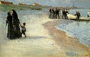 Peter Severin Kroyer en hvid bad i strandkanten, lys sommeraften oil painting